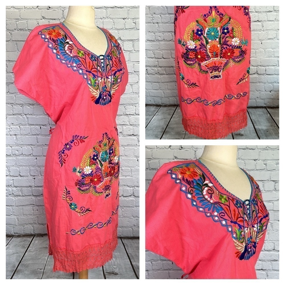 Mexican Embroidered Coral Floral Caftan Shift Oaxacan Peasant Boho Dress XL NWOT